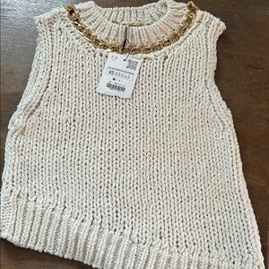 Zara Ivory Knit Crop Top with Gold Accent